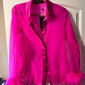 Fashion Nova Hot Pink Sheer Button Down Shirt